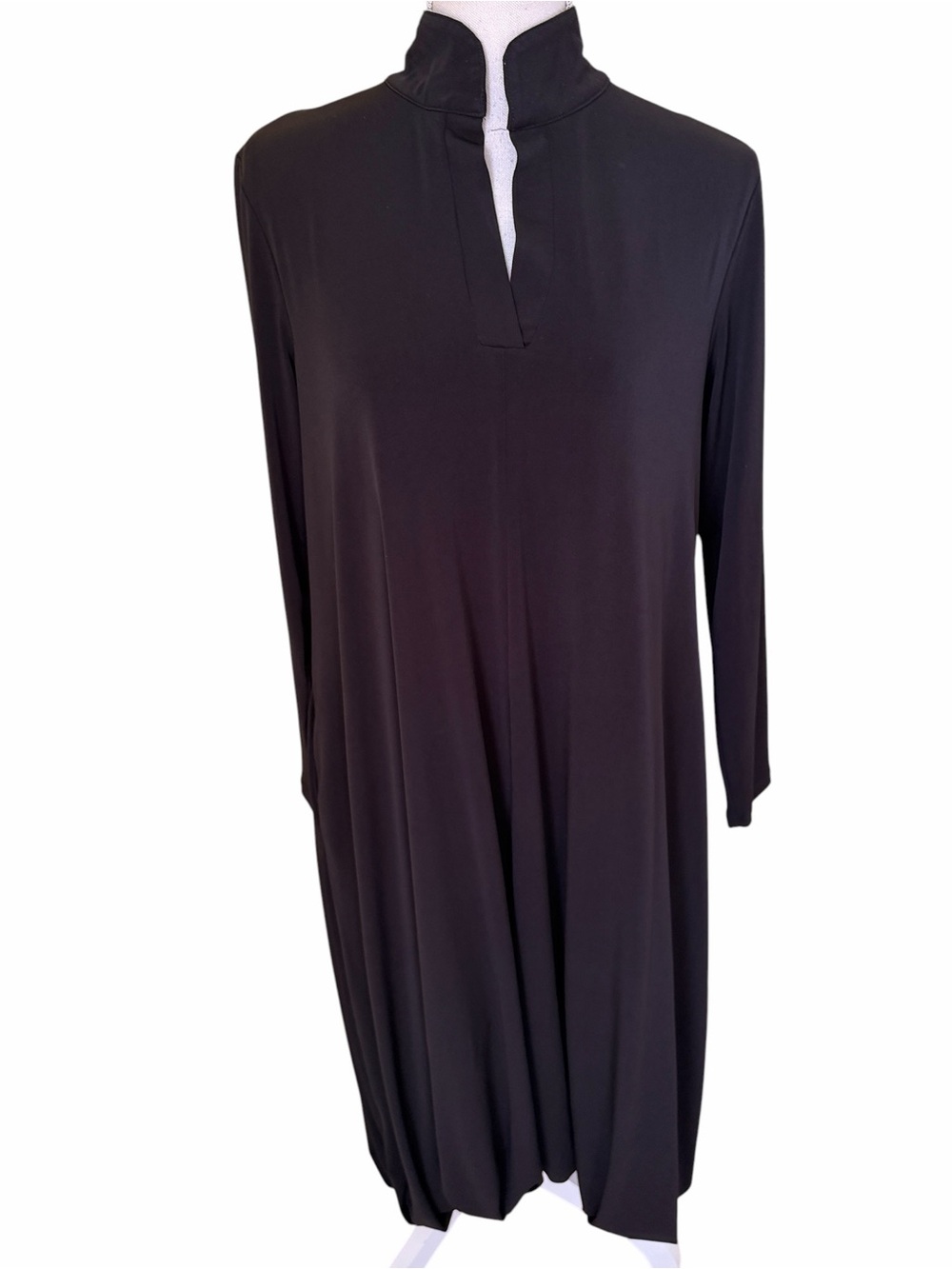 Kozan  Black Jersey Long-Sleeve Tulip Gathered Hem Midi Dress S